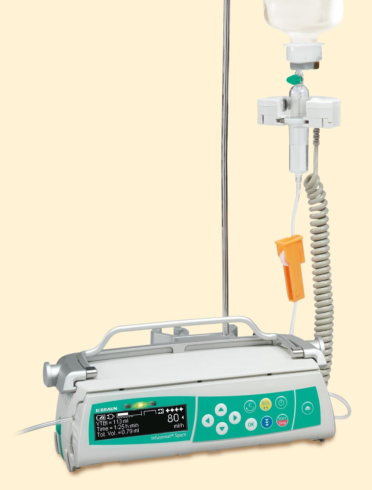 Volumetric infusion pump with IV bag attached on a clean background